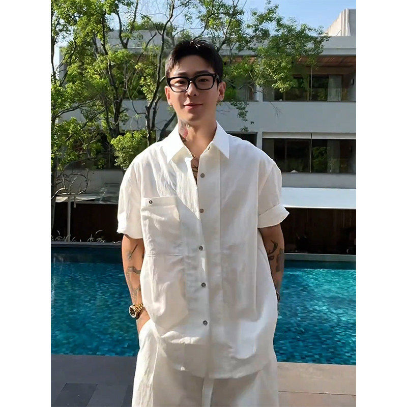 潮牌冰丝短袖衬衫套装男款夏季慵懒松弛感半袖褶皱衬衣短裤两件套