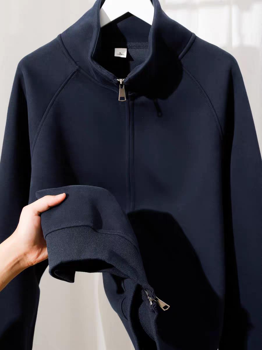 轻奢重磅美式纯色卫衣外套男秋冬立领夹克开衫拉炼无帽长袖上衣