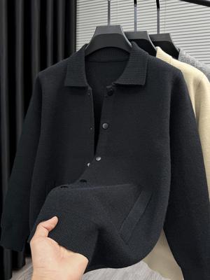 轻奢简约翻领针织开衫男士时尚百搭外套新款高级感老钱风毛线衣