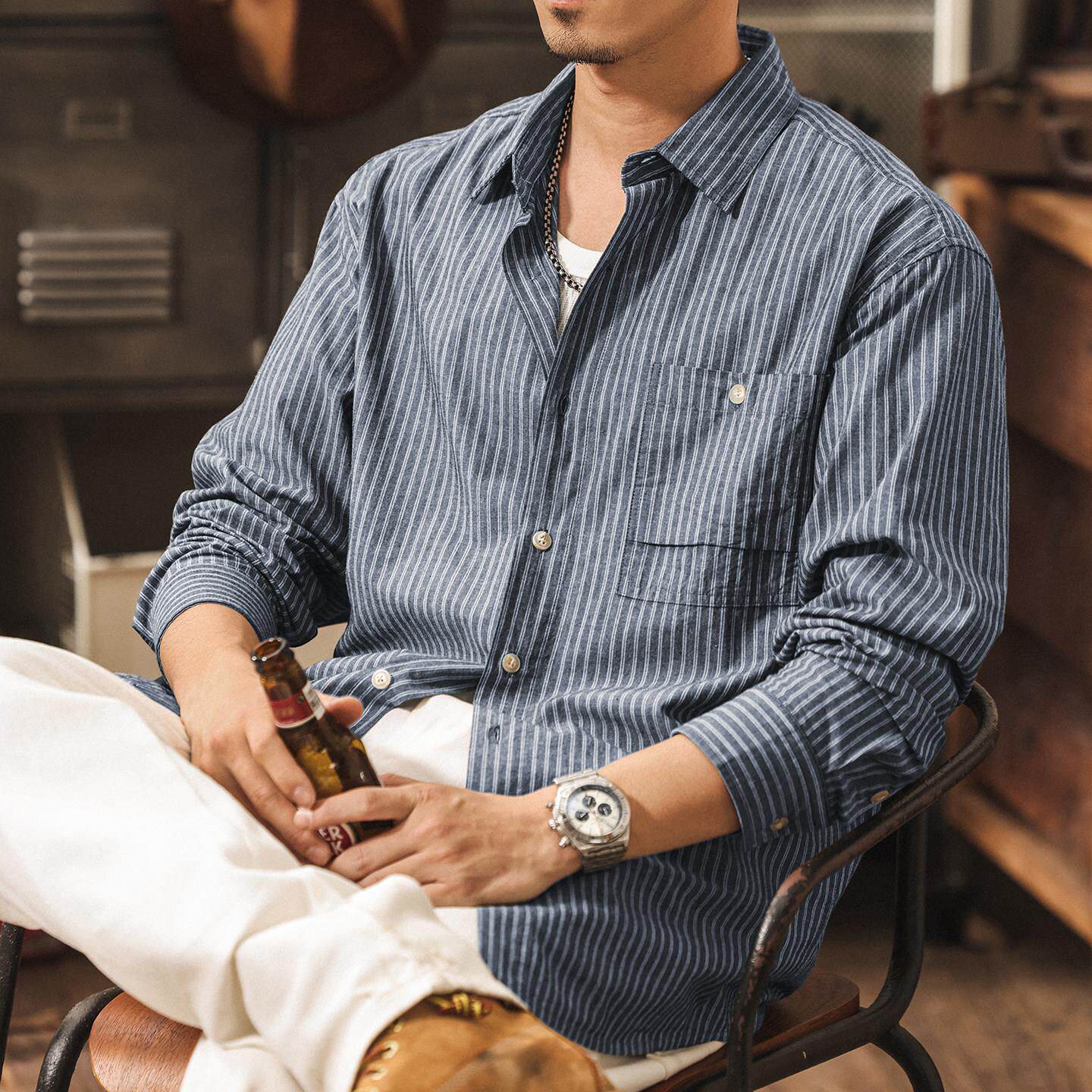 潮牌条纹衬衫男款春季新款美式复古薄款休闲长袖男士衬衣宽松外套