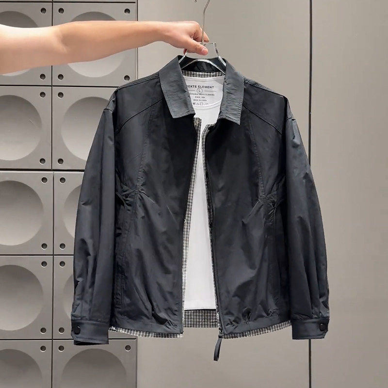 潮牌宽松假两件夹克春季男款韩版休闲时尚帅气翻领潮流上衣外套