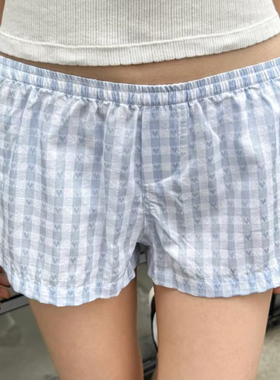 BM感松紧腰蓝色爱心格子短裤百搭睡裤居家休闲提花热裤女夏季新款