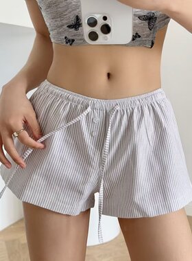 BM感条纹纽扣抽绳低腰短裤女海边宽松热裤夏季复古休闲打底家居裤