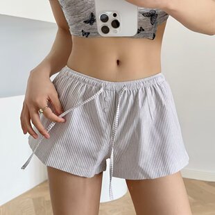 BM感条纹纽扣抽绳低腰短裤女海边宽松热裤夏季复古休闲打底家居裤