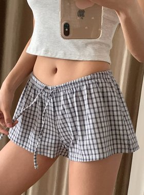 BM感松紧腰复古抽绳格子短裤女夏性感热裤ins风休闲家居裤打底裤