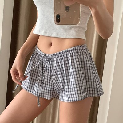 BM感松紧腰复古抽绳格子短裤