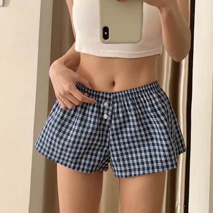 BM感美式复古蓝格子阔腿短裤女春夏松紧腰休闲居家热裤度假沙滩裤