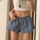BM感美式 度假沙滩裤 复古蓝格子阔腿短裤 女春夏松紧腰休闲居家热裤