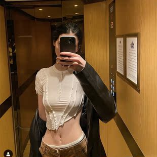 郑秀文同款辣妹短T撕裂风斜边不规则针织小上衣性感露脐毛边短袖