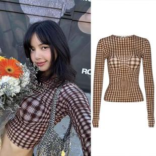 格纹圆领长袖 平地起高楼 T恤美式 lisa同款 女辣妹打底 视觉升杯