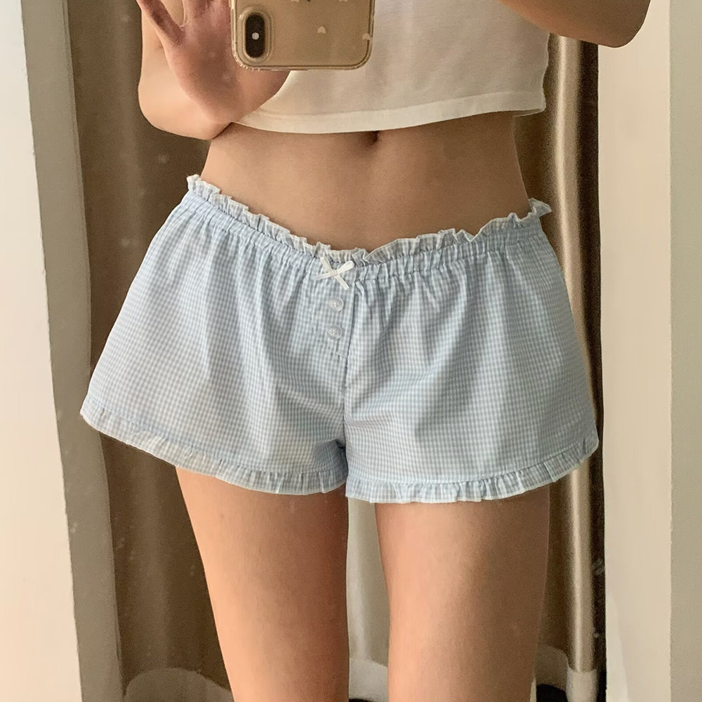 BM感浅蓝格子短裤女夏季松紧腰荷叶边百搭休闲居家阔腿热裤