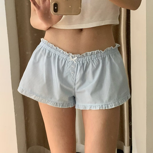 BM感浅蓝格子松紧腰阔腿短裤女