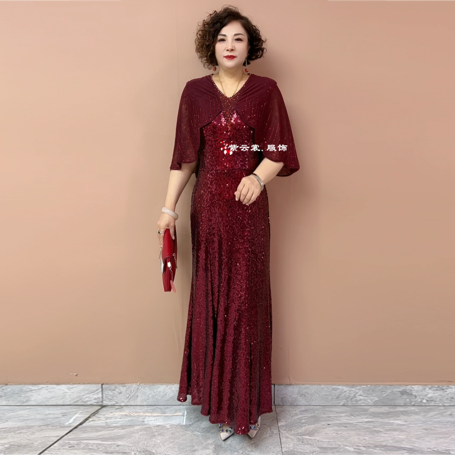 高贵妈妈装气质连衣裙夏季新款短袖亮片礼服洋气收腰时尚鱼尾长裙