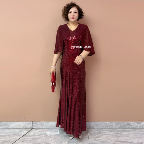 高贵妈妈装气质连衣裙夏季新款短袖亮片礼服洋气收腰时尚鱼尾长裙
