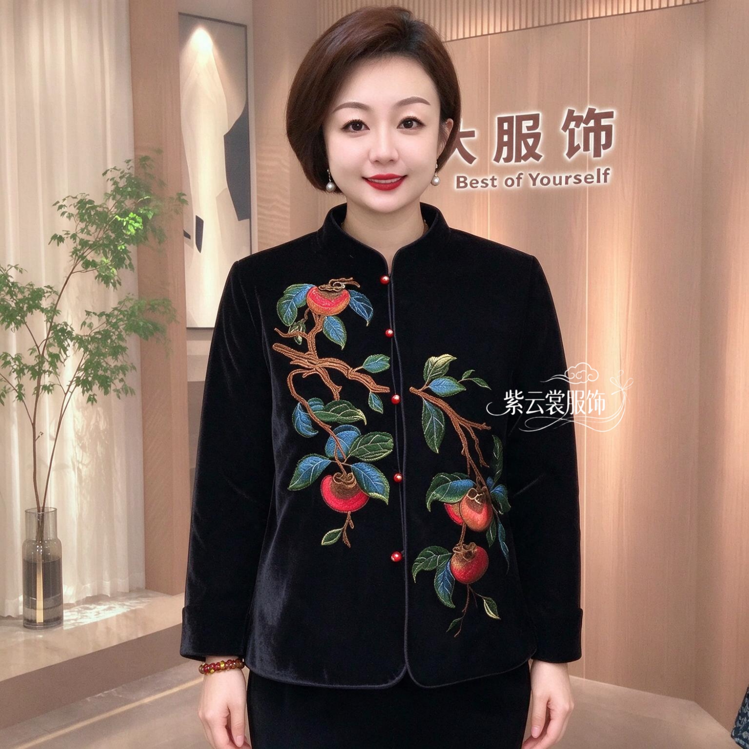 高端冬季妈妈丝绒刺绣花短款棉服中老年加厚保暖奶奶唐装棉袄外套