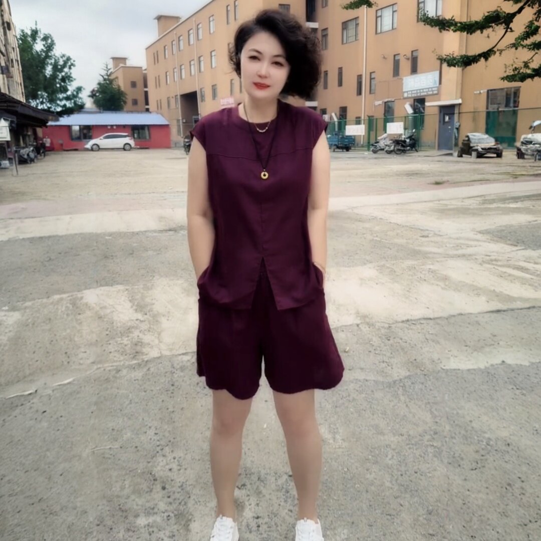 夏季短袖时尚百搭纯色圆领T恤双纱棉麻舒适休闲短裤大码两件套装