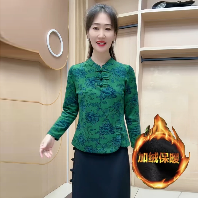 秋冬中老年妈妈上衣弹力德绒立领大码改良旗袍加绒加厚保暖打底衫