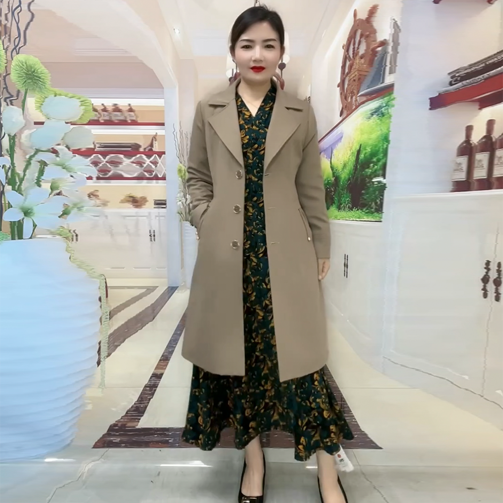 高档春秋外套修身显瘦西装领中年小个子妈妈装中长款卡其风衣大衣
