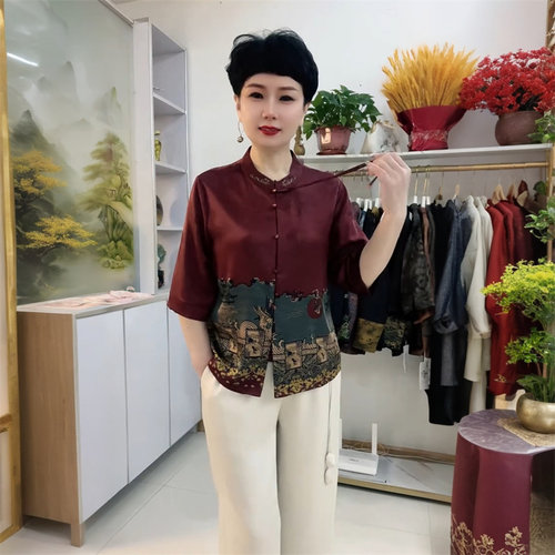新中式夏季国风花萝真丝妈妈装宽松衬衫刺绣旗袍开衫外套奶奶上衣