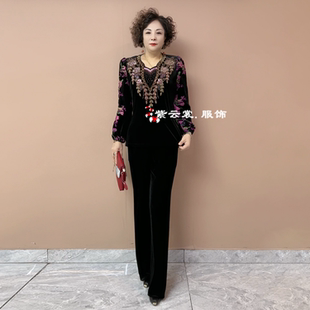 中老年真丝绒上衣妈妈春秋高档提花新中式国风烫钻打底衫两件套装
