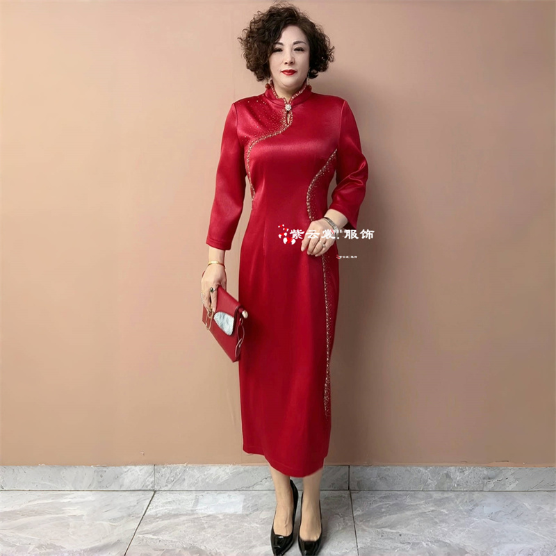 春夏新款婚宴礼服酒红色旗袍醋酸缎时尚连衣裙高端轻奢喜婆婆长裙