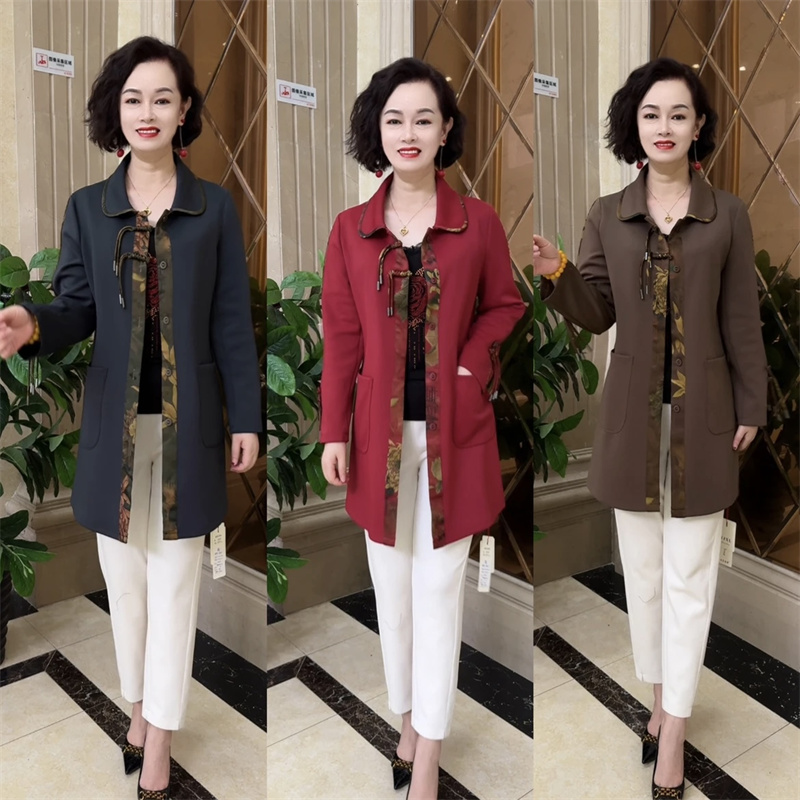 高端复古国风空气棉风衣秋装宽松显瘦中年妈妈中长款衬衣大码外套