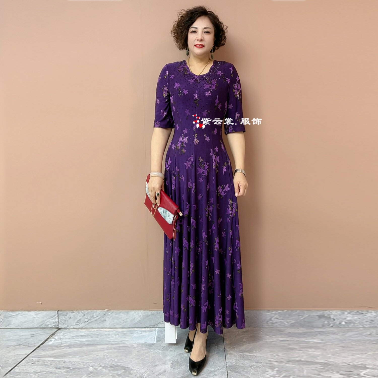 阔太太连衣裙妈妈夏季短袖时尚气质遮肉显瘦弹力大码天丝大摆长裙