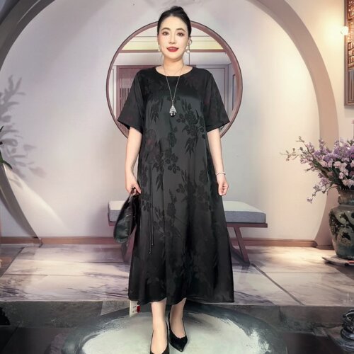 重磅真丝提花连衣裙夏季高端大牌宽松大码妈妈装大码洋气显瘦裙子