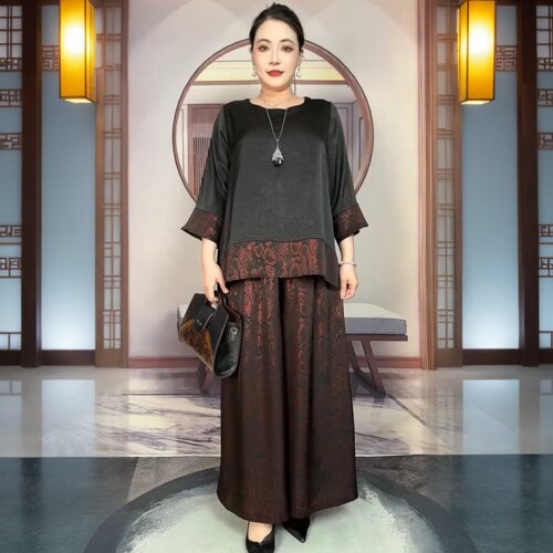 欧货复古夏季醋酸时尚妈妈时尚洋气宽松显瘦遮肉上衣阔腿裤两件套