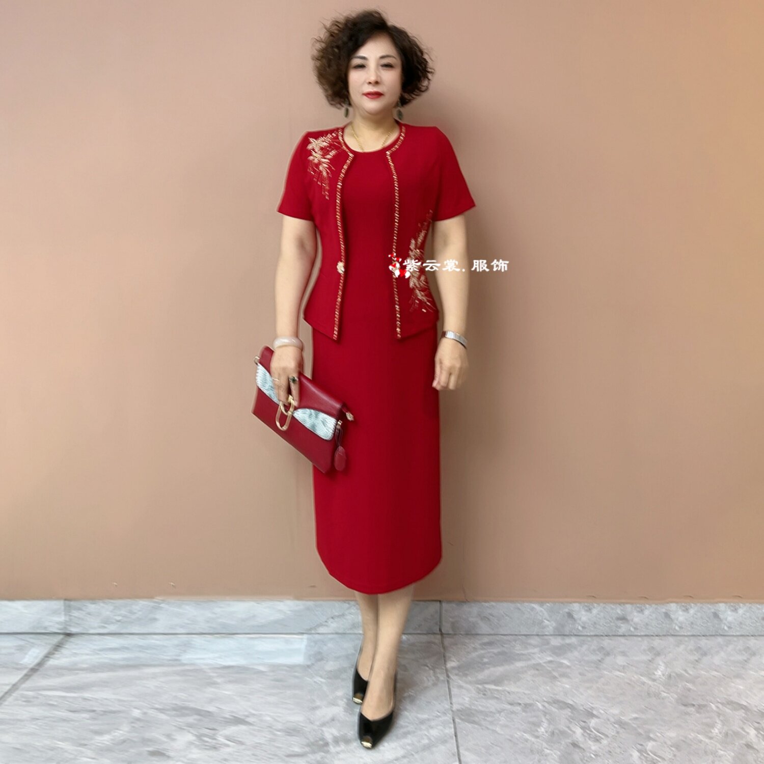 夏季短袖喜婆婆婚礼礼服红色连衣裙新款洋气妈妈装喜服两件套装裙