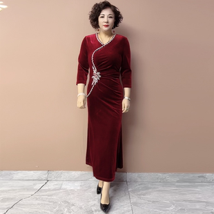 高贵典雅镶钻喜婆婆婚宴装鱼尾礼服气质年轻妈妈旗袍加长款连衣裙