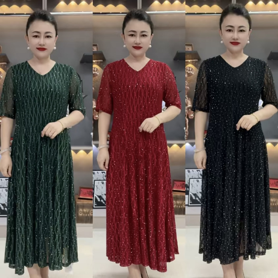 中年妈妈夏季短袖连衣裙气质台湾纱烫钻不断腰弹力十片大摆长裙女