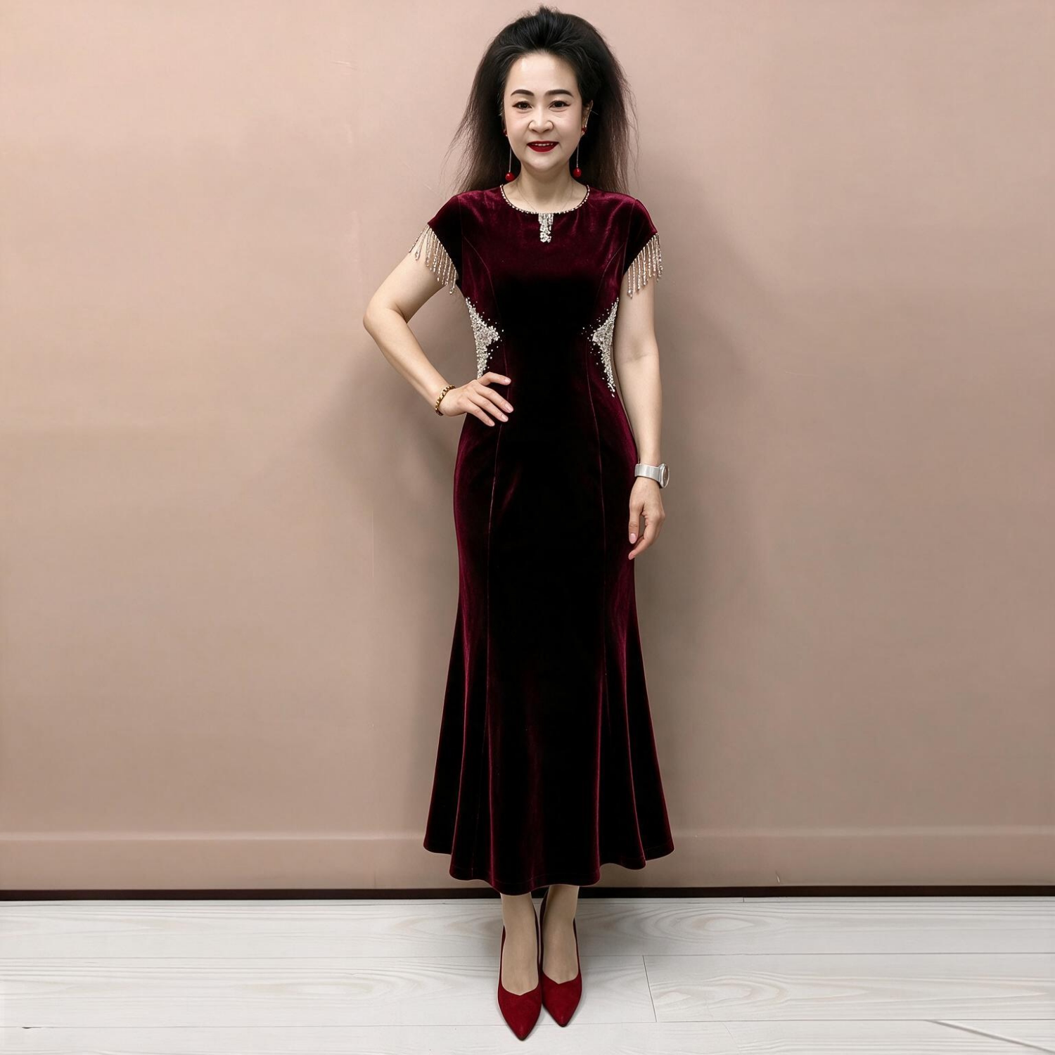 高贵气质喜婆婆婚宴短袖妈妈结婚丈母娘晚礼服丝绒长款鱼尾连衣裙