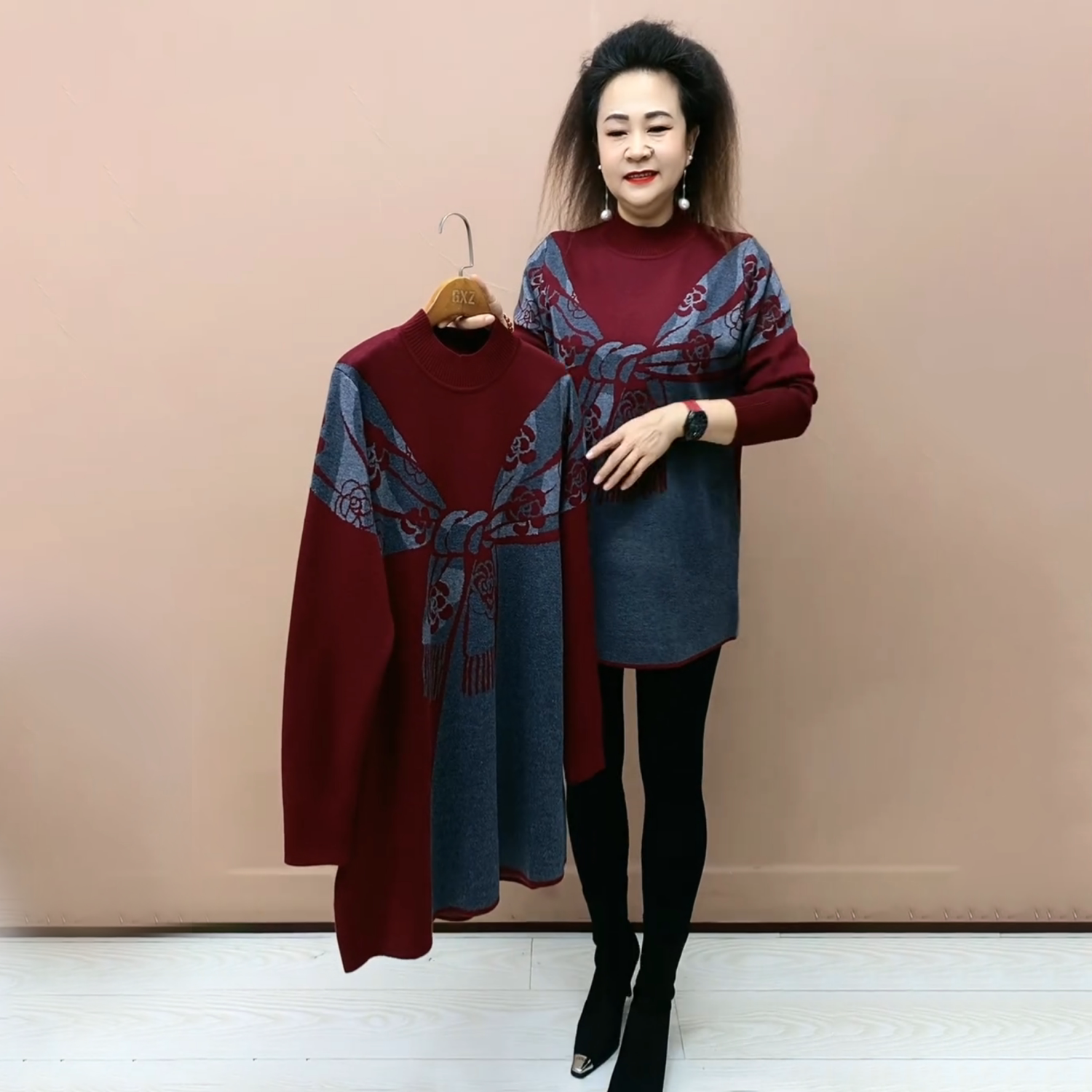 贵夫人高端秋冬气质妈妈针织衫时尚中长款毛衣宽松大码弹力打底裙