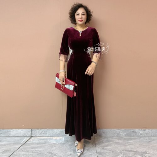 高贵气质喜婆婆婚宴妈妈结婚丈母娘礼服丝绒长款鱼尾晚礼服连衣裙