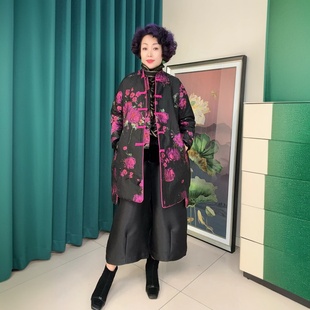阔太太高端冬季长袖中长款唐装风衣时尚洋气加棉加厚保暖棉服外套