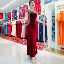 妈妈高端婚宴礼服优雅喜婆婆短袖丝绒改良旗袍气质减龄长款连衣裙