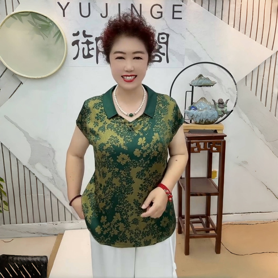 夏季短袖时尚衬衫中年妈妈装减龄旗袍衫宽松大码遮肉大码真丝上衣