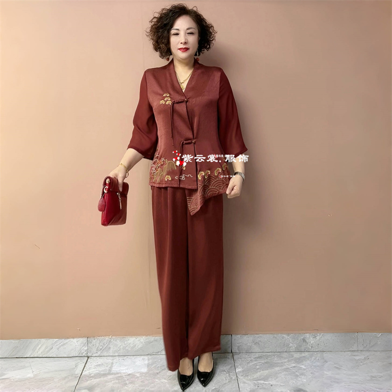 妈妈春夏真丝洋气时尚不规则衬衫女国风新中式上衣阔腿裤两件套装
