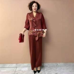 妈妈春夏真丝洋气时尚不规则衬衫女国风新中式上衣阔腿裤两件套装