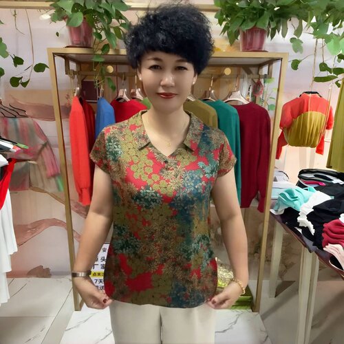 夏季短袖云锦丝缎衬衫短袖宽松洋气减龄t恤中老年妈妈装大码上衣