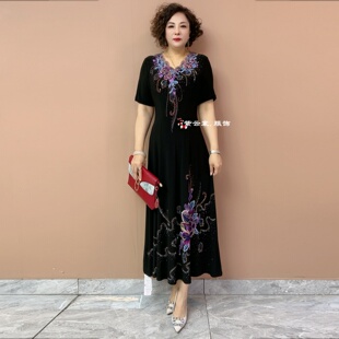专柜同款中年妈妈夏季短袖南韩丝长裙镶钻绣花收腰时尚过膝连衣裙