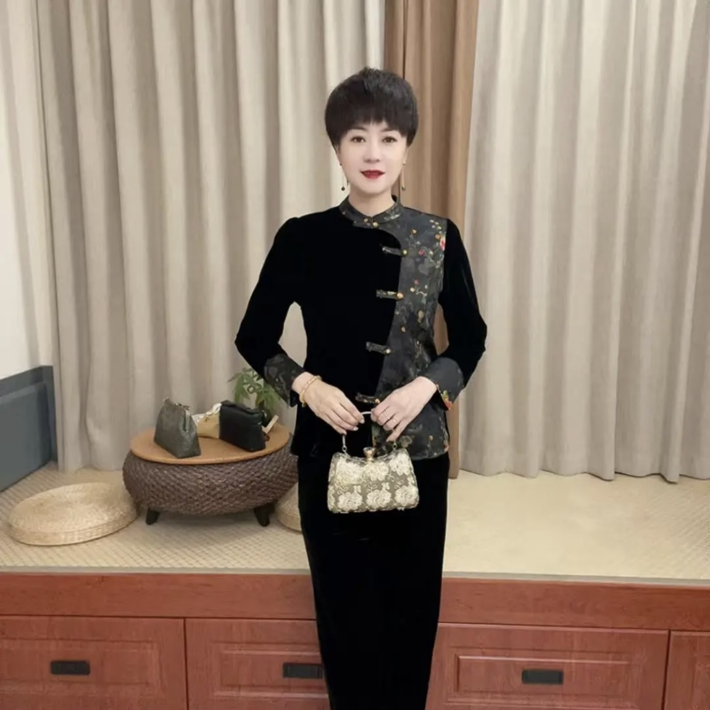 国风秋冬中老年妈妈长袖丝绒衬衫气质拼接盘扣旗袍开衫民族风外套