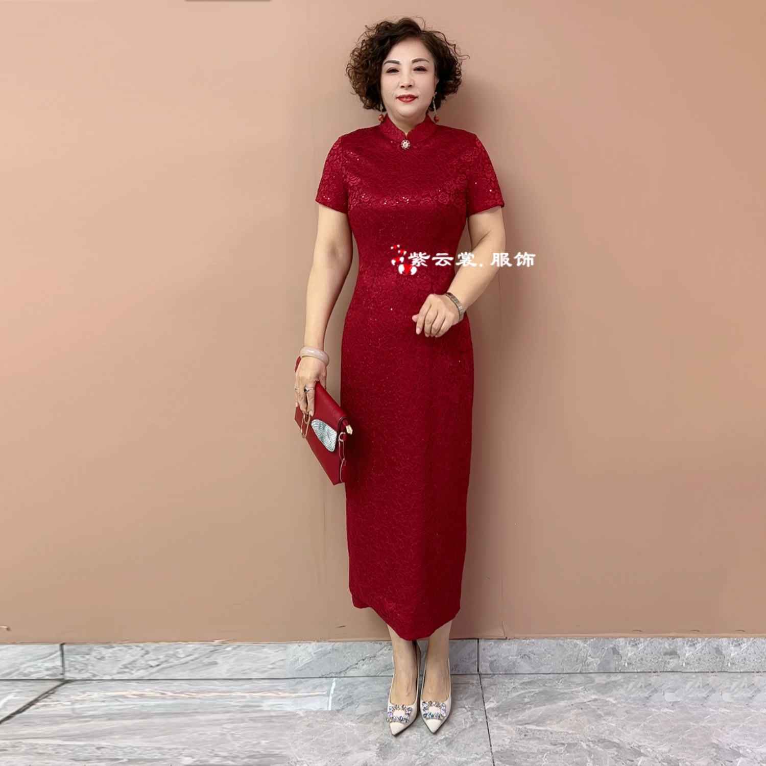 喜婆婆婚宴年轻妈妈婚礼蕾丝短袖旗袍结婚喜服平时可穿长款连衣裙