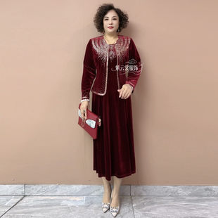 高端中年妈妈婚礼连衣裙两件套装时尚气质丝绒喜婆婆加大码喜服女