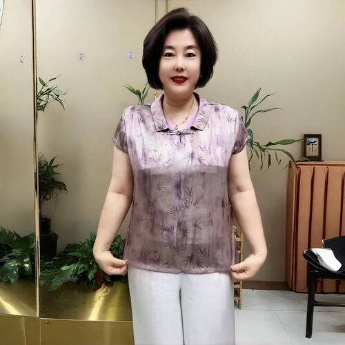高端夏季中老年妈妈真丝提花娃娃上衣短袖减龄旗袍衫宽松洋气t恤