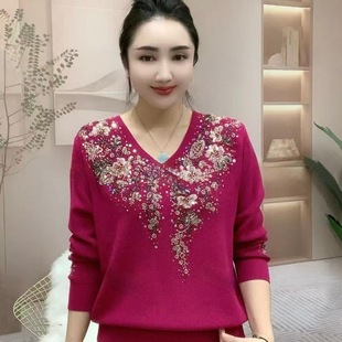 焦麻毛衣 遮肉刺绣重工镶钻打底针织衫 高端中老年妈妈长袖 宽松大码