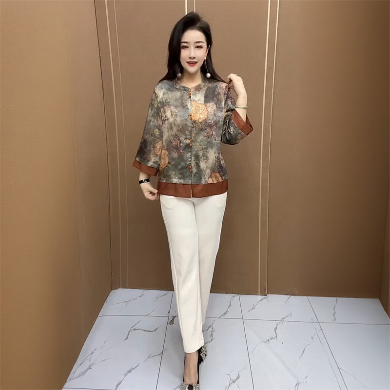 高端夏季国风云锦丝缎妈妈洋气大码衬衫气质遮肉旗袍开衫外套上衣