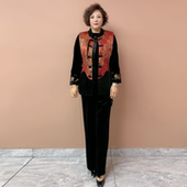 宽松马甲坎肩套装 秋冬中年妈妈中式 国风洋气丝绒加厚夹棉马夹时尚
