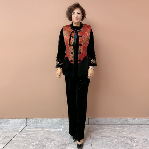 秋冬中年妈妈中式国风洋气丝绒加厚夹棉马夹时尚宽松马甲坎肩套装